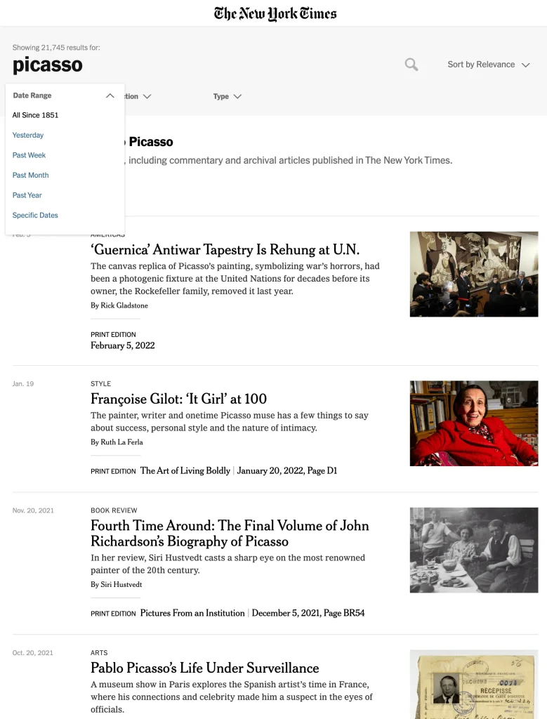 The New York Times ART&DESIGN search page
